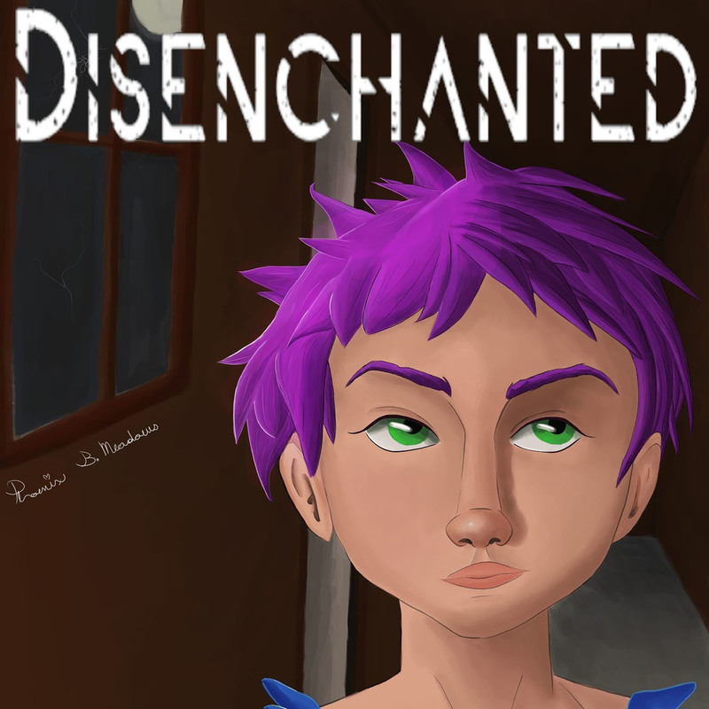 Disenchanted logo features a drawing of Lyra who is a teenager with short purple hair. They are in a dark house in front of a window, at night.